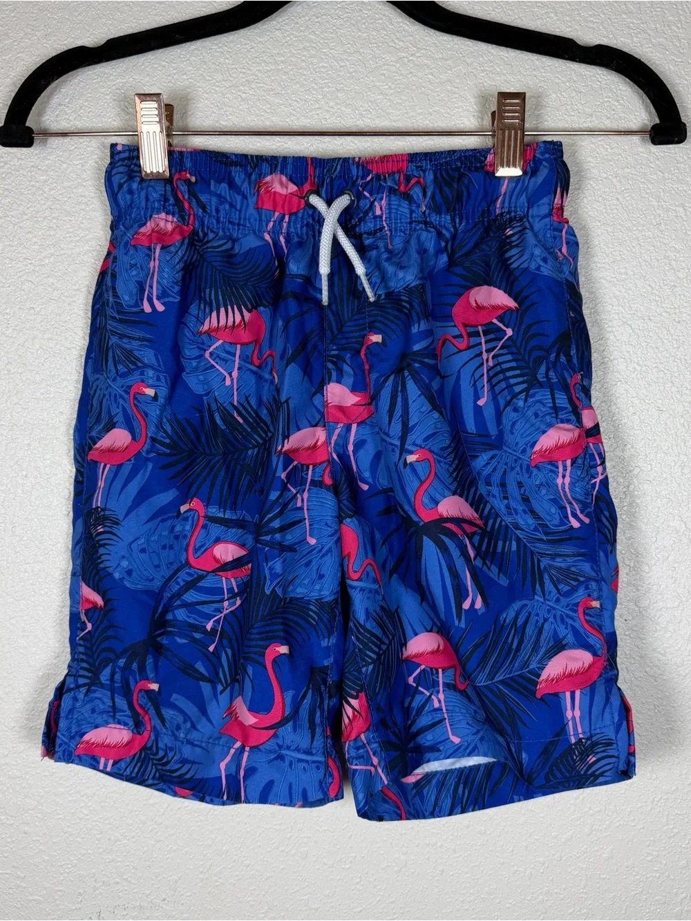 Boys M (7/8) Swim Trunk Rash Guard Set Vibrant Beach Summer Flamingo Blue Resort